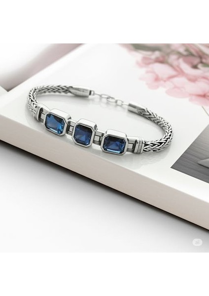 Hasır Örgü Zincirli Mavi Taşlı Erkek Bileklik fırsatları