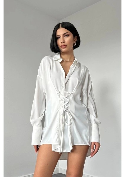 Beyaz Jesica Parçalı Bağcıklı Gömlek
