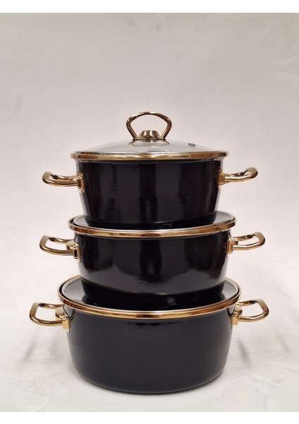 Emaye Üçlü Tencere Seti Siyah 18/20/22 cm (2 Litre/2,5 Litre/3,3 Litre)