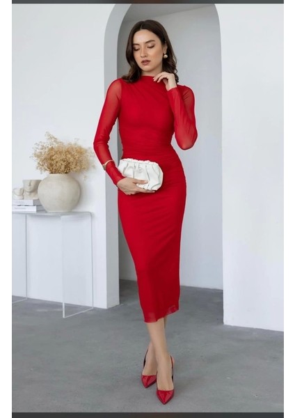 Kadın Uzun Kol Tül Drapeli Midi Boy Elbise