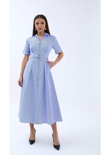6948 Elbise-Mavi Beyaz Çizgili