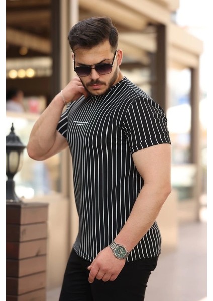Erkek Dikey Çizgili Ottoman Kumaş Kısa Kollu T-Shirt fiyatları