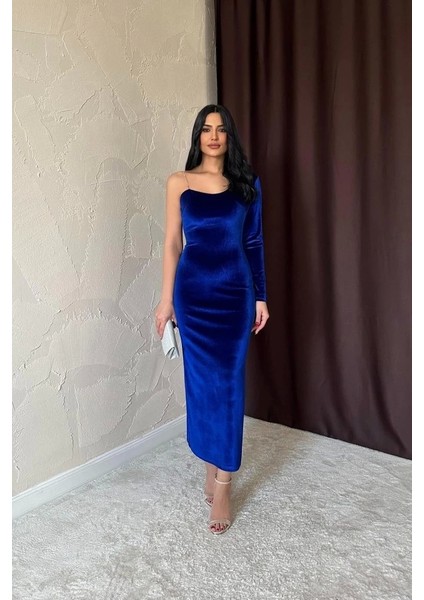 Saks Tek Omuzlu Taş Askılı Elbise