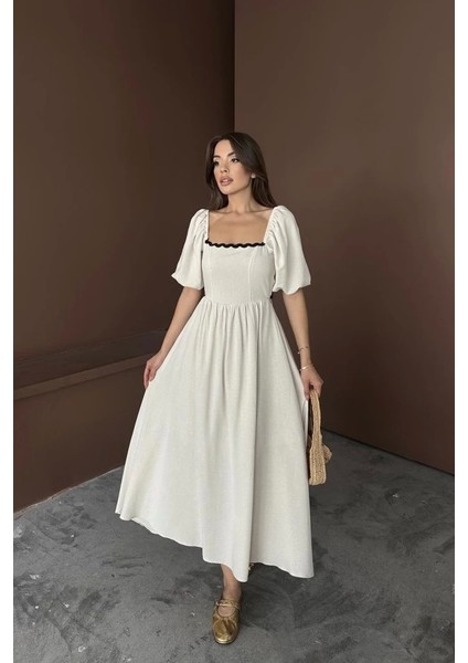 Bej Arkası Bağlamalı Keten Elbise