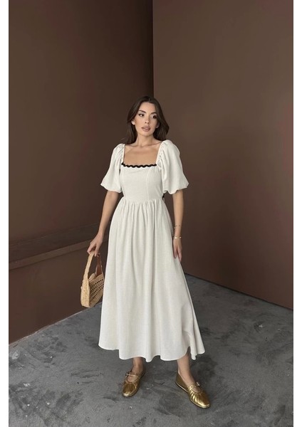 Bej Arkası Bağlamalı Keten Elbise fiyatları