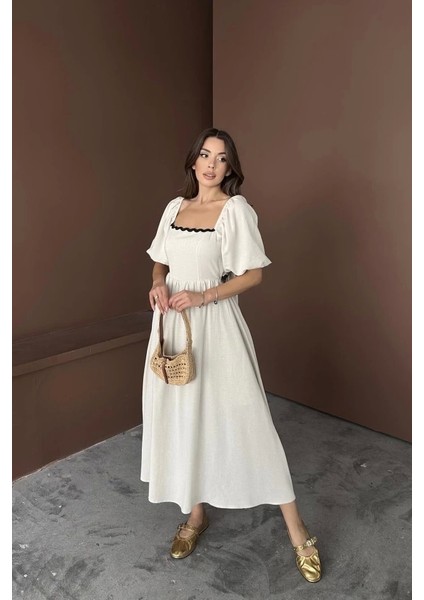 Bej Arkası Bağlamalı Keten Elbise modelleri