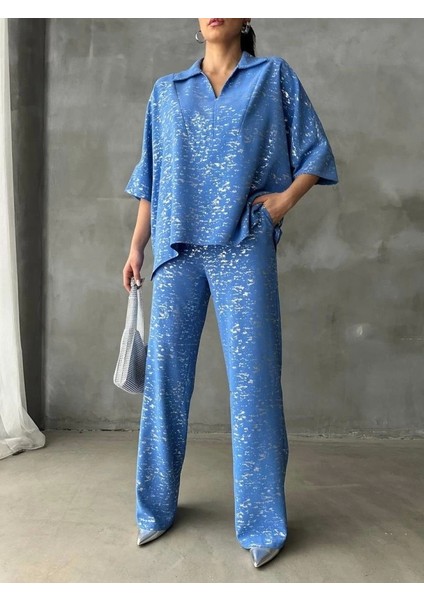 Varaklı Bluz Pantolon Takım - Mavi fiyatları