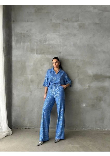 Varaklı Bluz Pantolon Takım - Mavi fırsatları