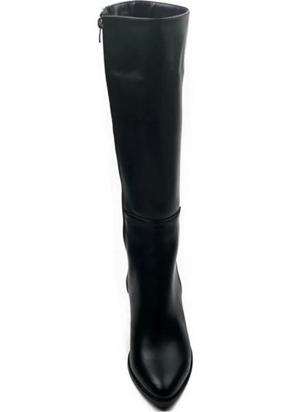 Siyah Long Fermuarlı Cilt Çizme - Sivri Topuklu Siyah Çizme, Kışlık Diz Altı Bot