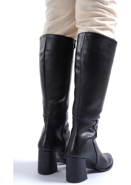 Siyah Long Fermuarlı Cilt Çizme - Sivri Topuklu Siyah Çizme, Kışlık Diz Altı Bot