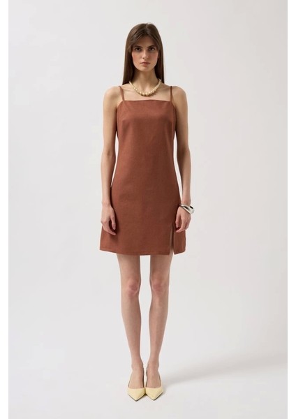 Ip Askılı Yırtmaç Detay Keten Mini Elbise fiyatları