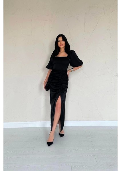 Siyah Büzgülü Saten Elbise fiyatları