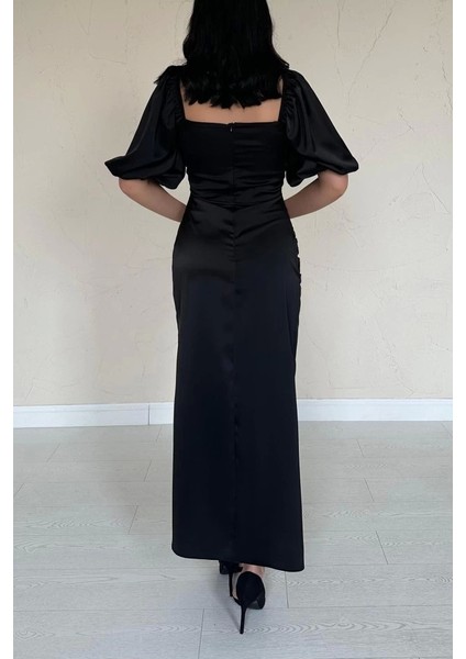 Siyah Büzgülü Saten Elbise fırsatları