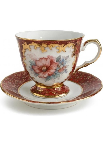 Burgundy Edge Red Flowers 6lı Kahve Fincan Seti 150ML