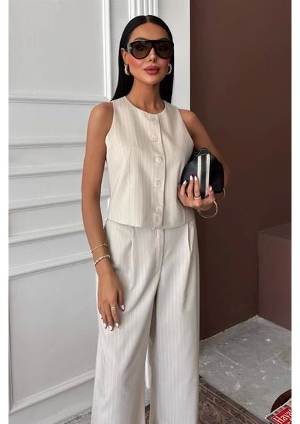 Yelek Plazzo Pantolon Çizgili Flamlı Poliviscon Takım 10178 modelleri