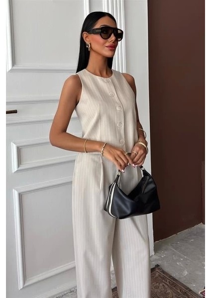 Yelek Plazzo Pantolon Çizgili Flamlı Poliviscon Takım 10178 fırsatları