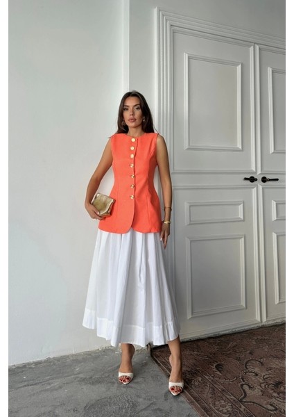 Jakar Keten Yelek Belden Oturtmalı Gold Düğmeli - Orange
