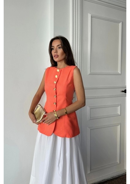 Jakar Keten Yelek Belden Oturtmalı Gold Düğmeli - Orange fırsatları
