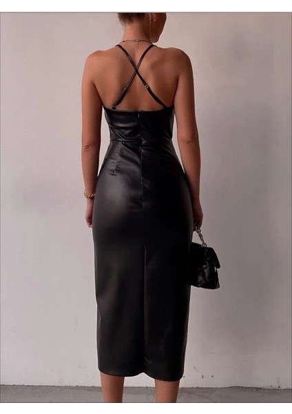 Siyah Sırt Dekolteli Deri Elbise modelleri