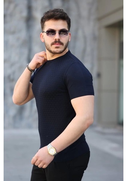 Erkek Viskon Kumaş Bisiklet Yaka Desenli Tişört