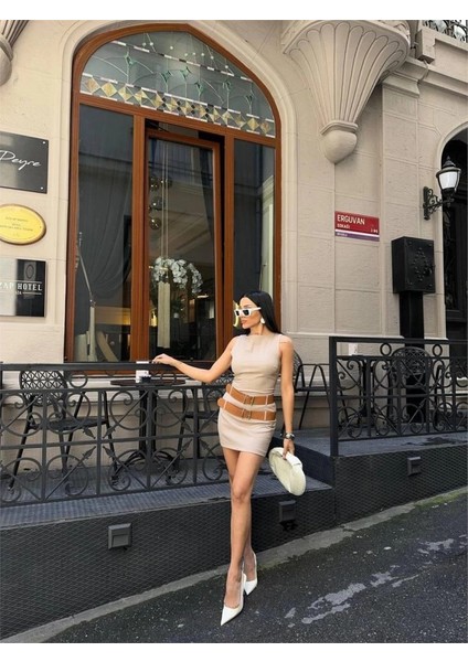 Polyviscon Çift Kemer Detaylı Elbise - Bej fiyatları