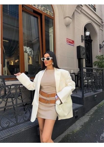 Polyviscon Çift Kemer Detaylı Elbise - Bej modelleri