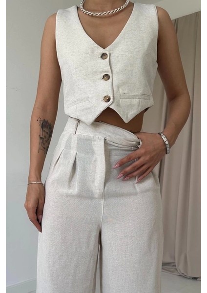 Bej Önü Düğmeli Yelek ve Pantolon Takım fırsatları