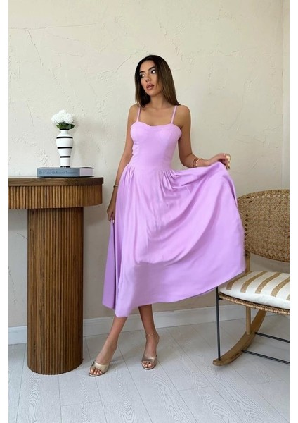 Lila Göğüs Kuplu Uzun Büzgülü Elbise