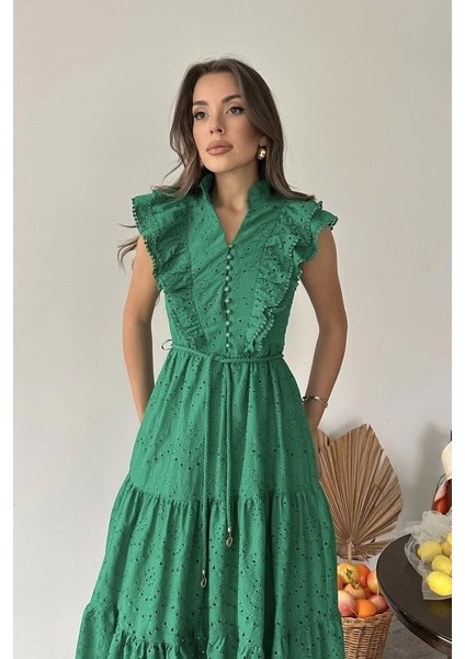Zümrüt Fırfırlı Düğmeli Elbise fırsatları