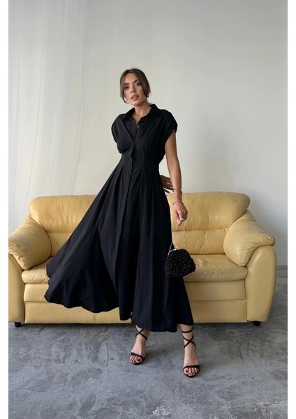 Kolsuz Vatkalı Önden Düğmelibel Pens Detaylı Poplin Elbise - Siyah