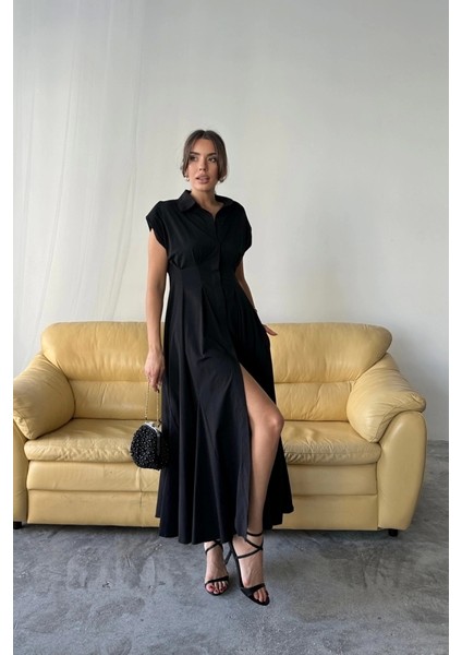 Kolsuz Vatkalı Önden Düğmelibel Pens Detaylı Poplin Elbise - Siyah modelleri