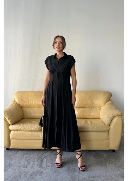 Kolsuz Vatkalı Önden Düğmelibel Pens Detaylı Poplin Elbise - Siyah fırsatları