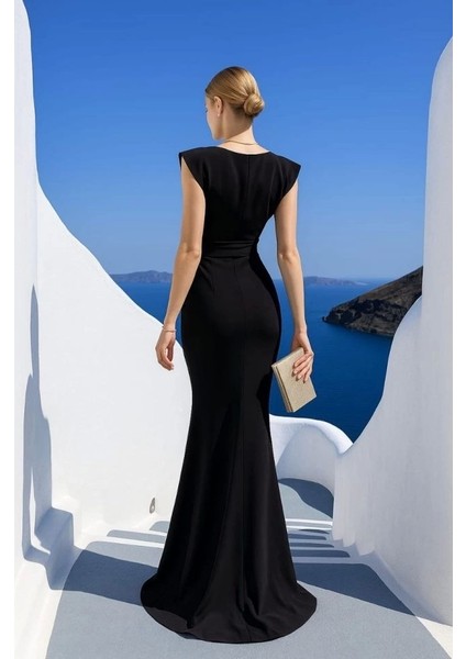 Kadın Dalgıç Kumaş V Yaka Fırfır Detaylı Maxi Boy Elbise fiyatları