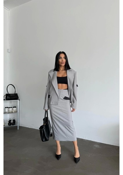 Crop Ceket - Etek Takım - Gri