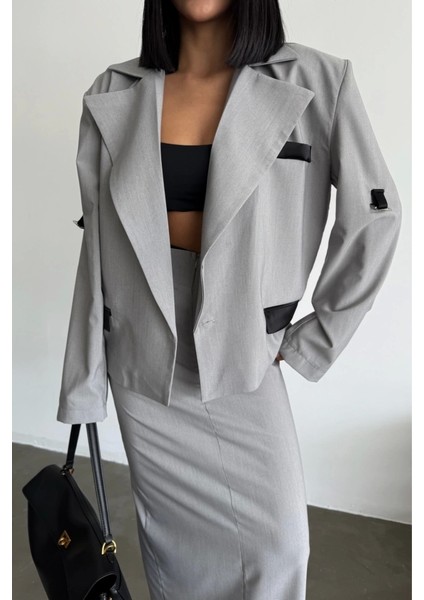 Crop Ceket - Etek Takım - Gri modelleri