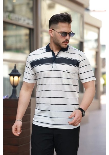 Erkek Yakalı Çizgili Kısa Kollu T-Shirt