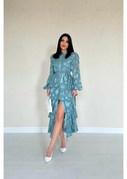 Mint Valonlu Şeritli Kat Kat Elbise