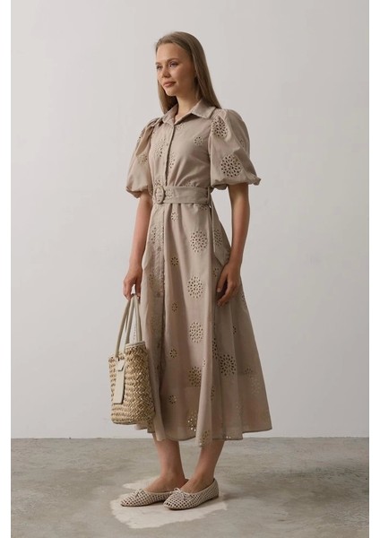 Balon Kol Kemerli Brode Elbise - Taş fiyatları