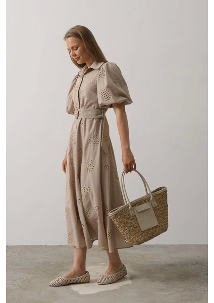 Balon Kol Kemerli Brode Elbise - Taş modelleri