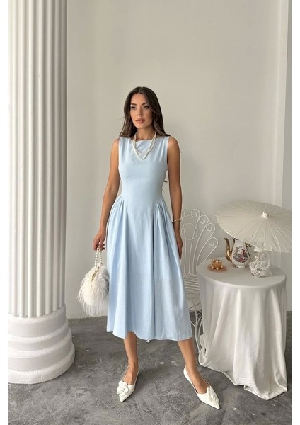 Mavi Yanları Büzgülü Midi Boy Keten Elbise fiyatları