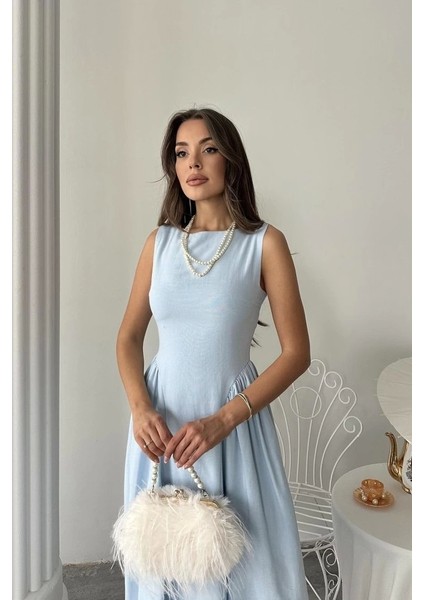 Mavi Yanları Büzgülü Midi Boy Keten Elbise fırsatları