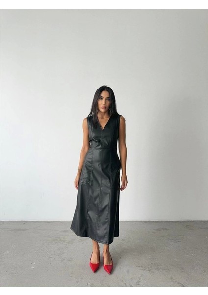Askılı Deri Elbise Şanel Boy - Siyah modelleri