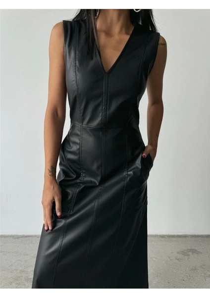 Askılı Deri Elbise Şanel Boy - Siyah fırsatları
