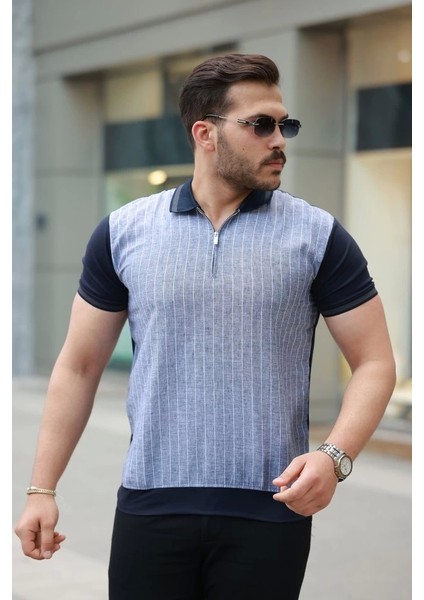 Erkek Fermuar Yakalı Çizgili Kısa Kollu Tişört