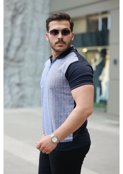 Erkek Fermuar Yakalı Çizgili Kısa Kollu Tişört fiyatları