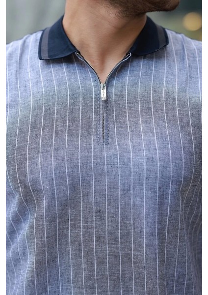 Erkek Fermuar Yakalı Çizgili Kısa Kollu Tişört modelleri