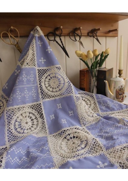 Pamuk Fisto Dantel Pecwork Desenlidir Mavi Renkte
