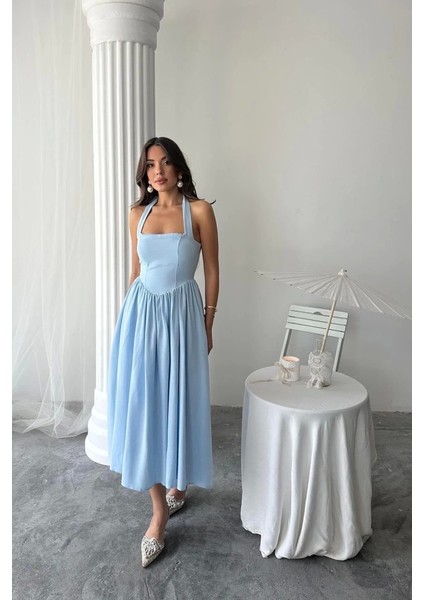 Mavi Boyundan Bağlamalı Keten Elbise