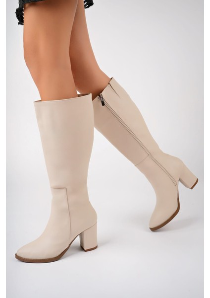 Uzun Kadın Fermuarlı Cilt Çizme - Kadın Nut Long Fermuarlı Deri Çizme, Bej Topuklu Günlük Çizme
