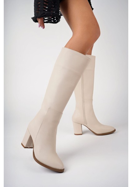 Uzun Kadın Fermuarlı Cilt Çizme - Kadın Nut Long Fermuarlı Deri Çizme, Bej Topuklu Günlük Çizme fiyatları